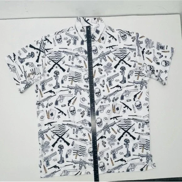 Funny Guy Mugs Gun Skull Print Shirt XXL White Graphic Button Up Men's Top - Picture 9 of 12